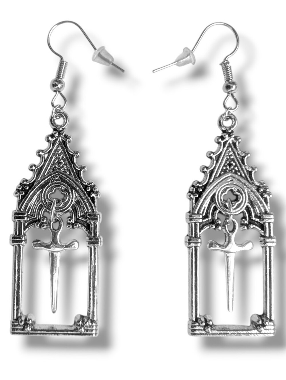NWT Handmade Silver Cathedral Window and Dagger Earrings